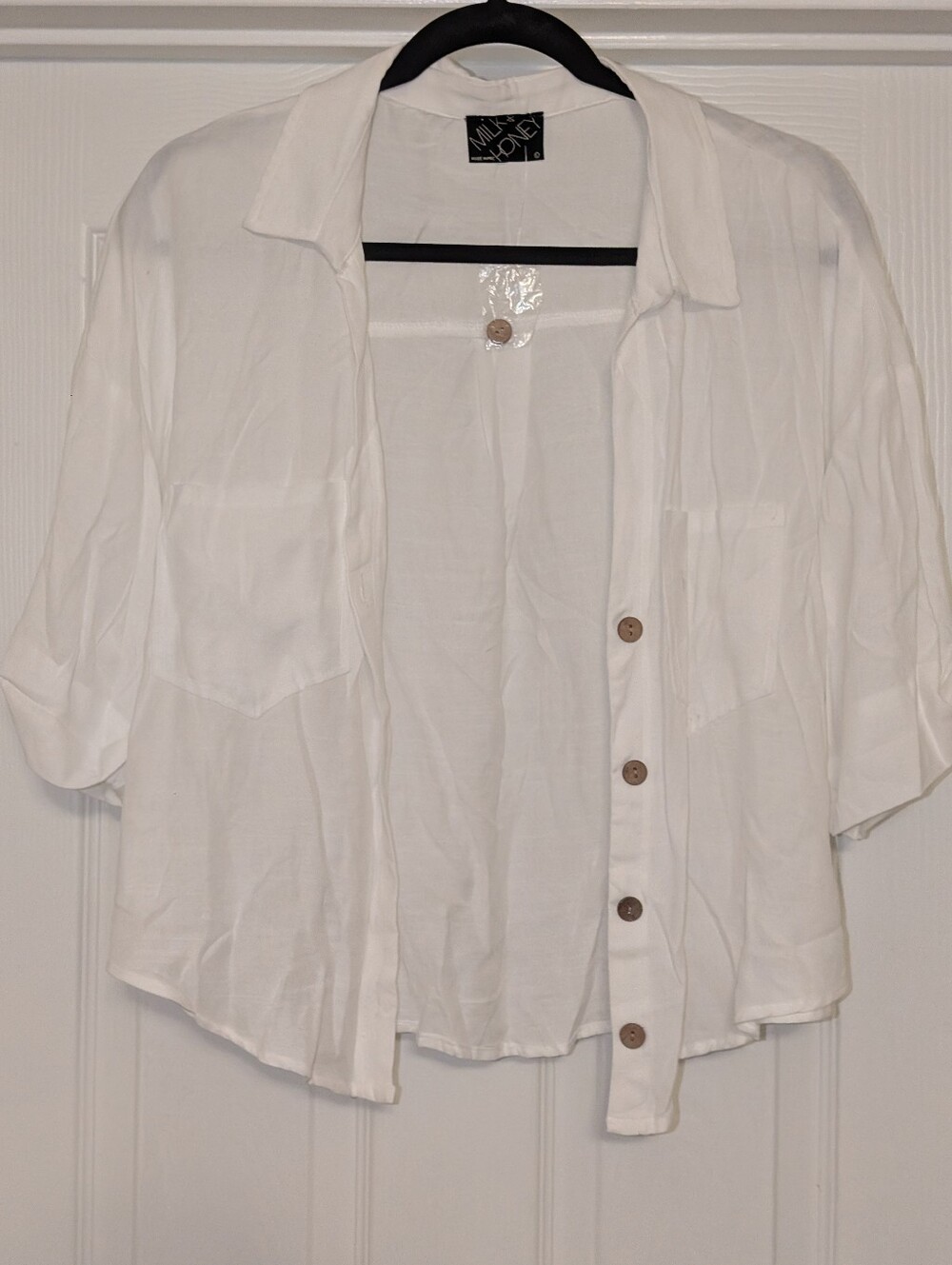 Linen short-sleeve cropped button-down shirt